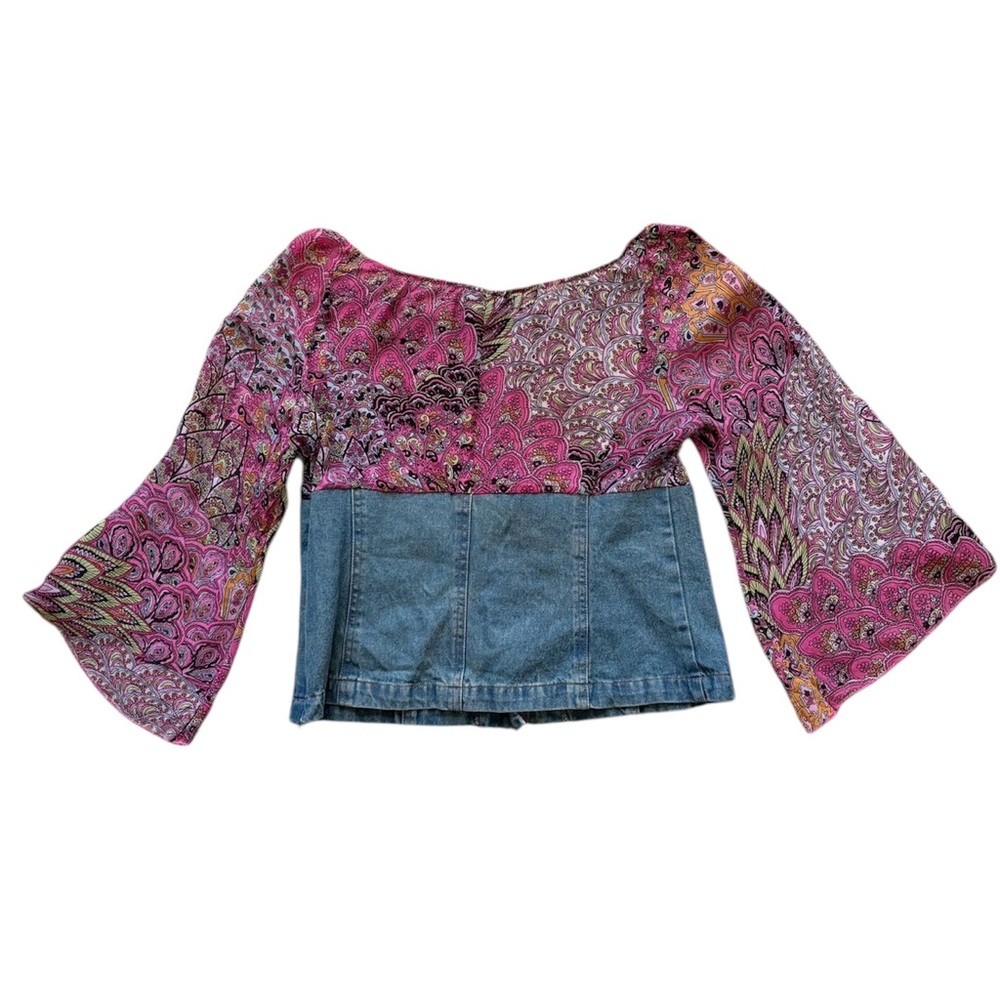 Vintage Y2K Bell Sleeve Crop Top Boho Paisley Denim Corset L - Picture 2 of 6